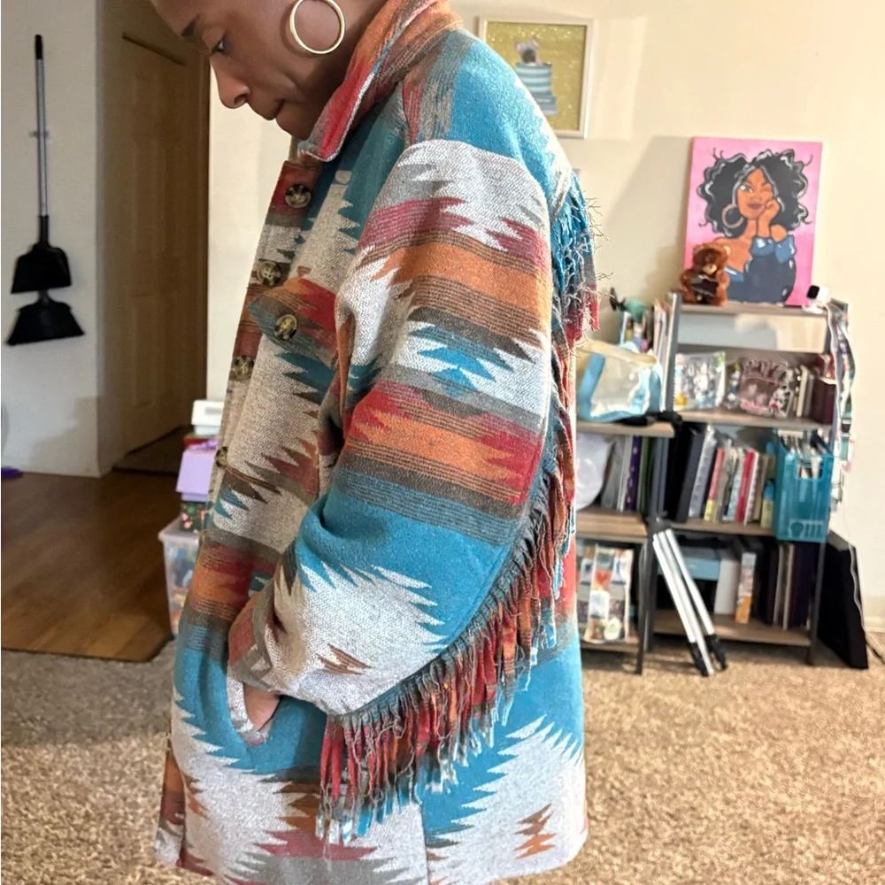 Southwestern Aztec Fringe Jacket | Oversized Tribal Print Shacket Coat - Picture 4 of 7